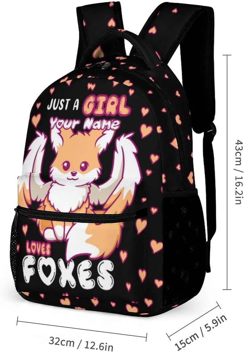 Custom Fox School Backpack for Kids Girls Boys, 16 Inch Cute Foxes Themed Bookbag, Personalized School Backpack for Students Children, Lightweight, Large Capacity