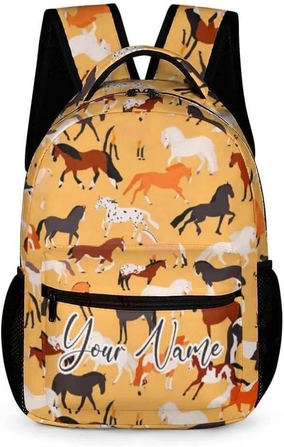 Custom Horse School Backpack for Kids Girls Boys, 16 Inch Cute Horses Themed Bookbag, Personalized School Backpack for Students Children, Lightweight, Large Capacity