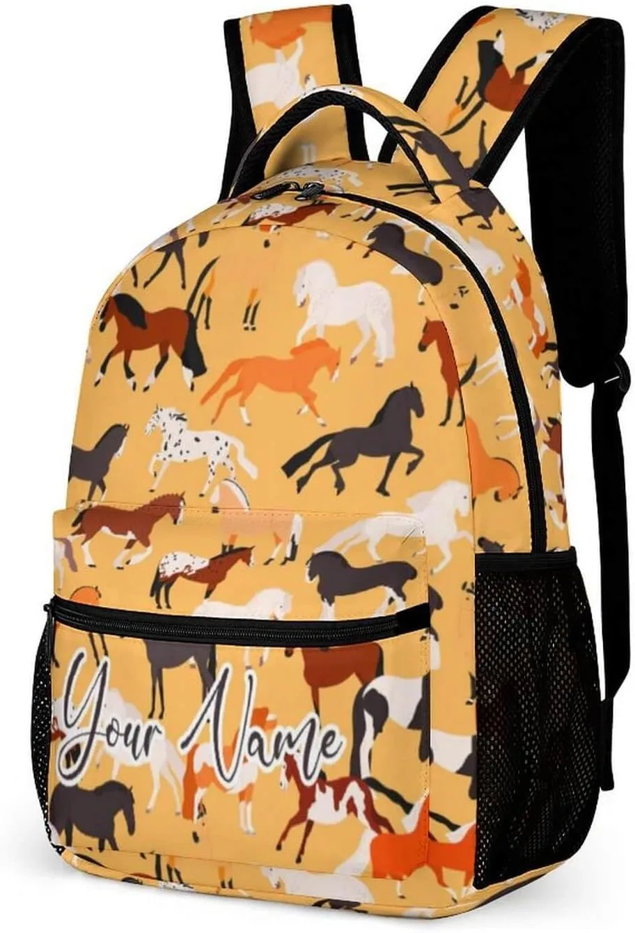 Custom Horse School Backpack for Kids Girls Boys, 16 Inch Cute Horses Themed Bookbag, Personalized School Backpack for Students Children, Lightweight, Large Capacity