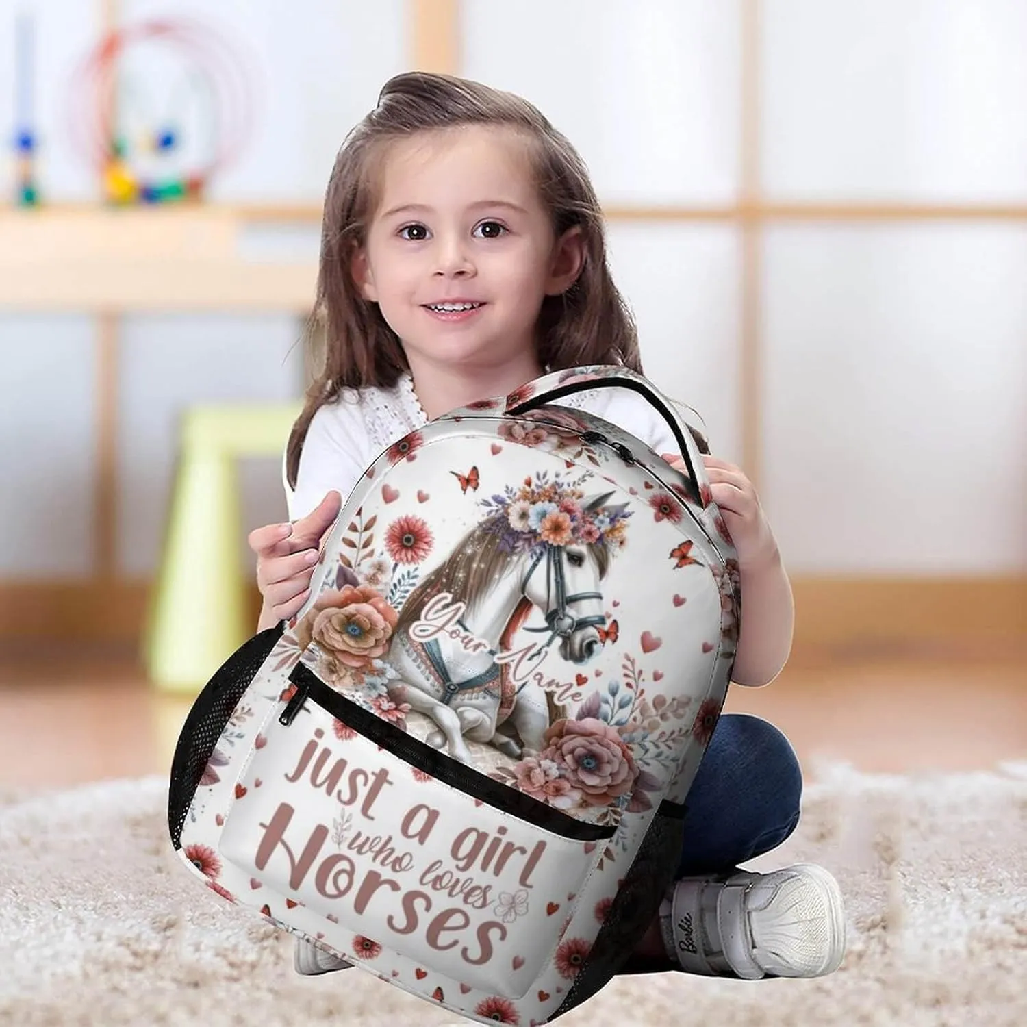 Custom Horse School Backpack for Kids Girls Boys, 16 Inch Cute Horses Themed Bookbag, Personalized School Backpack for Students Children, Lightweight, Large Capacity