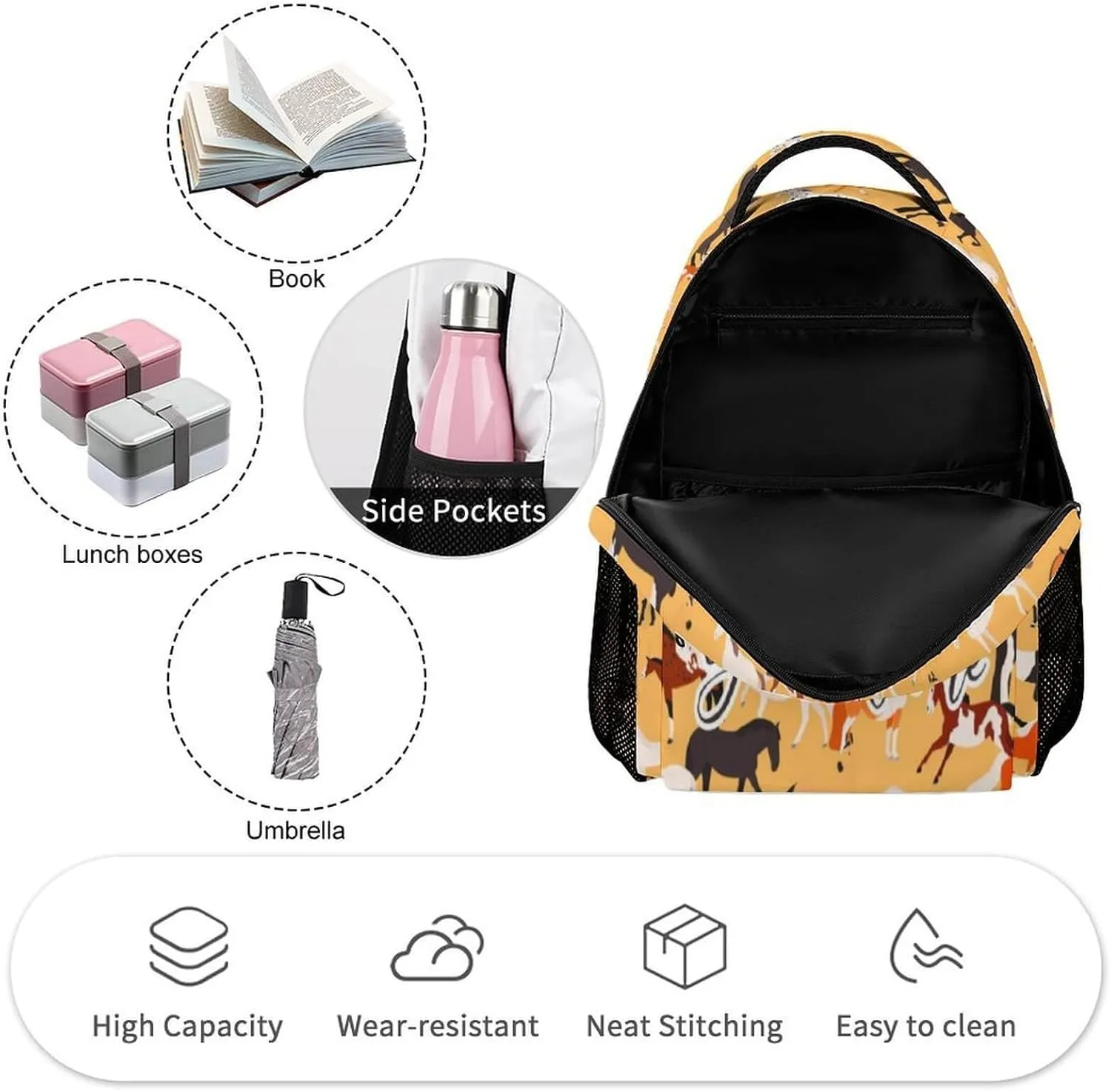 Custom Horse School Backpack for Kids Girls Boys, 16 Inch Cute Horses Themed Bookbag, Personalized School Backpack for Students Children, Lightweight, Large Capacity