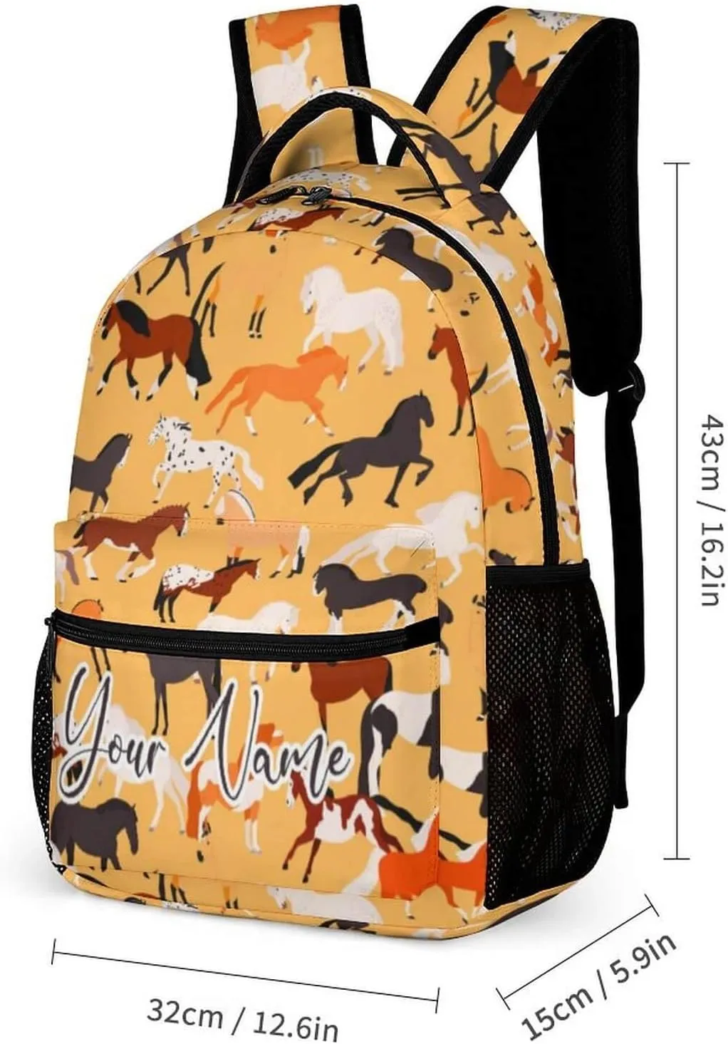 Custom Horse School Backpack for Kids Girls Boys, 16 Inch Cute Horses Themed Bookbag, Personalized School Backpack for Students Children, Lightweight, Large Capacity