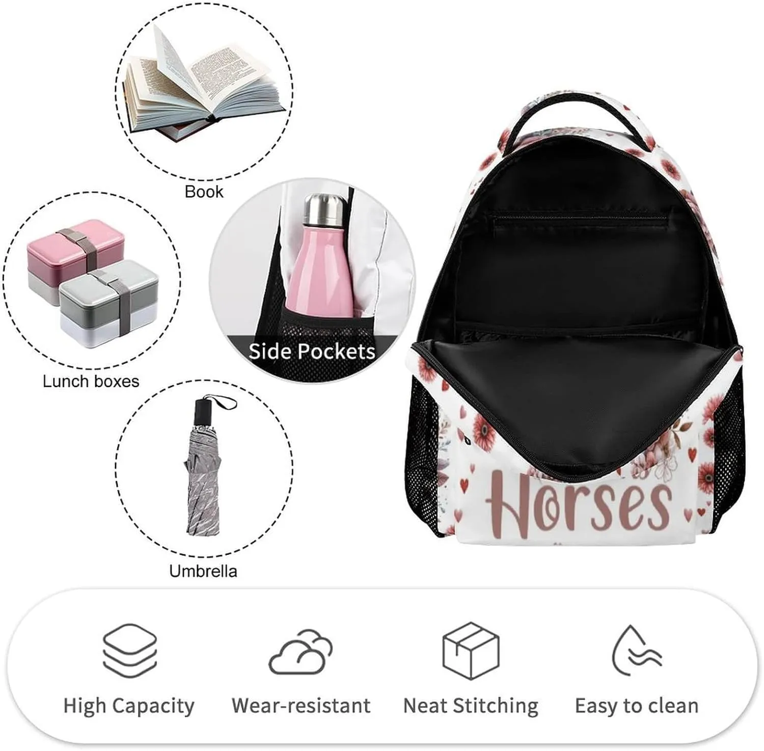 Custom Horse School Backpack for Kids Girls Boys, 16 Inch Cute Horses Themed Bookbag, Personalized School Backpack for Students Children, Lightweight, Large Capacity