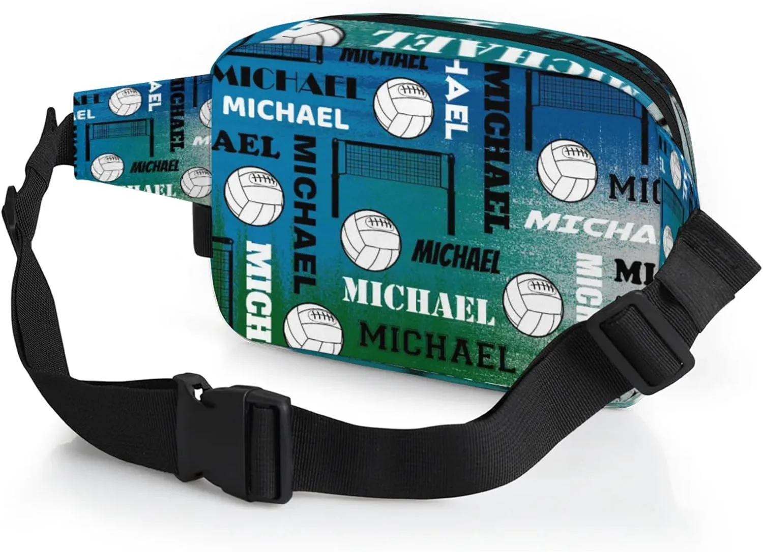 Custom Name Volleyball Waist Packs for Women Men, Personalized Fanny Pack Crossbody Belt Bag with Adjustable Strap for Sports Workout, Blue Green Gray