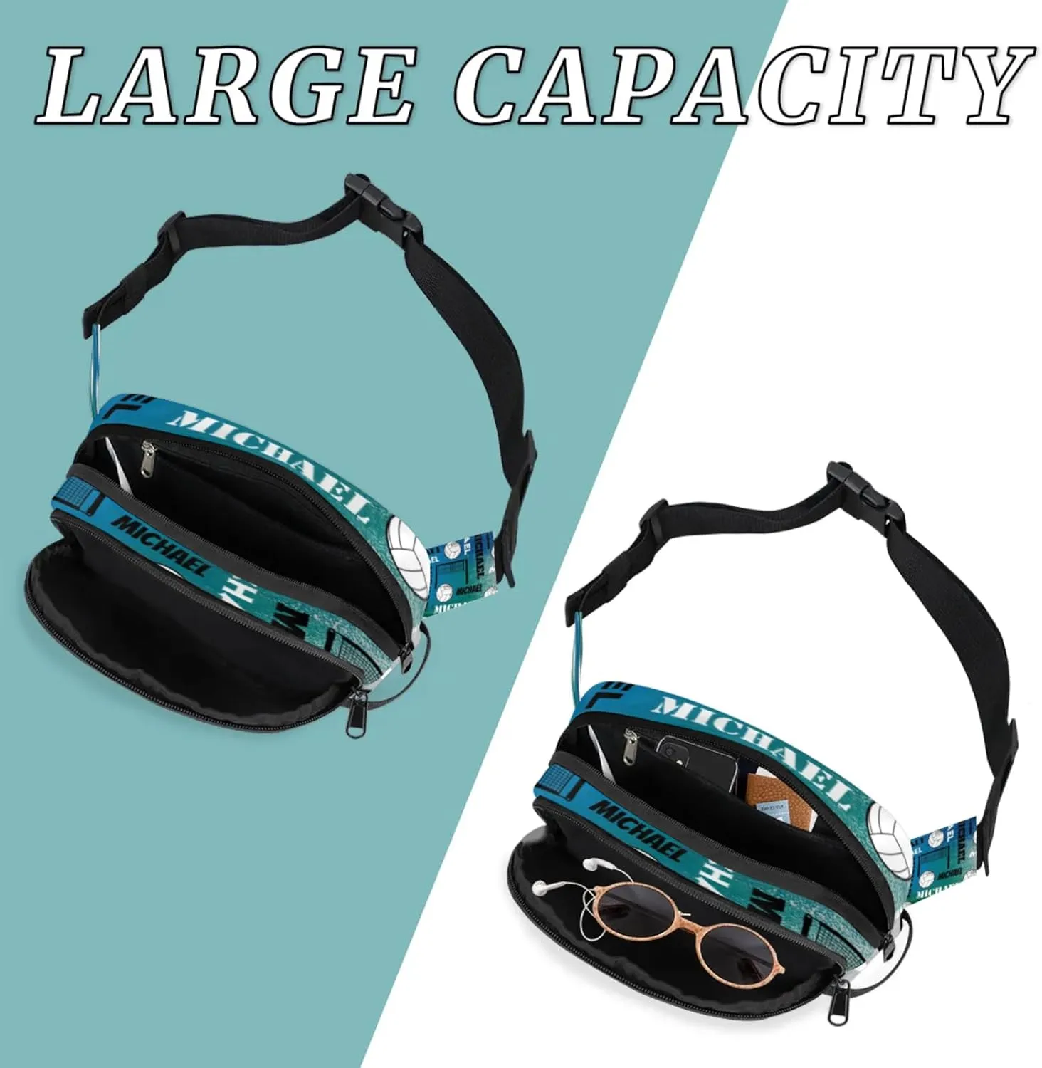 Custom Name Volleyball Waist Packs for Women Men, Personalized Fanny Pack Crossbody Belt Bag with Adjustable Strap for Sports Workout, Blue Green Gray