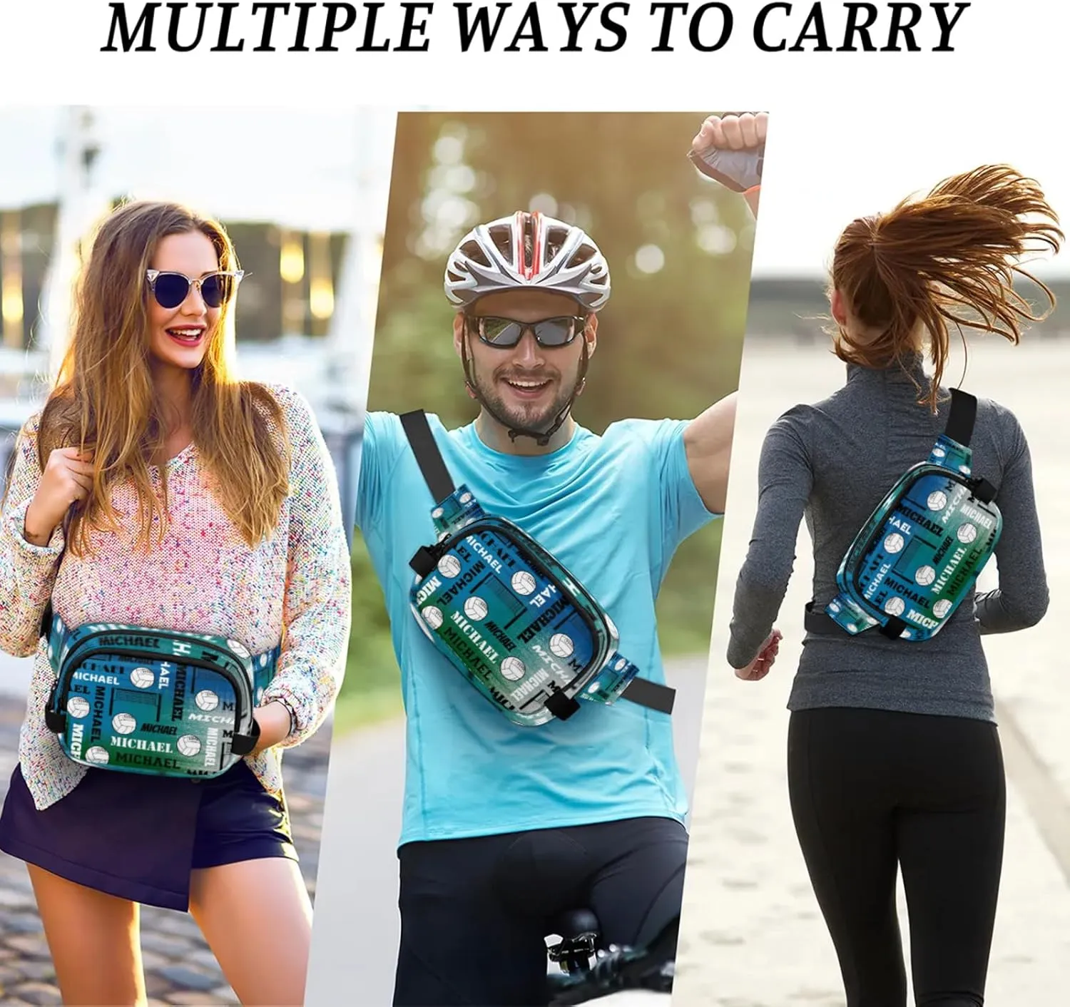 Custom Name Volleyball Waist Packs for Women Men, Personalized Fanny Pack Crossbody Belt Bag with Adjustable Strap for Sports Workout, Blue Green Gray