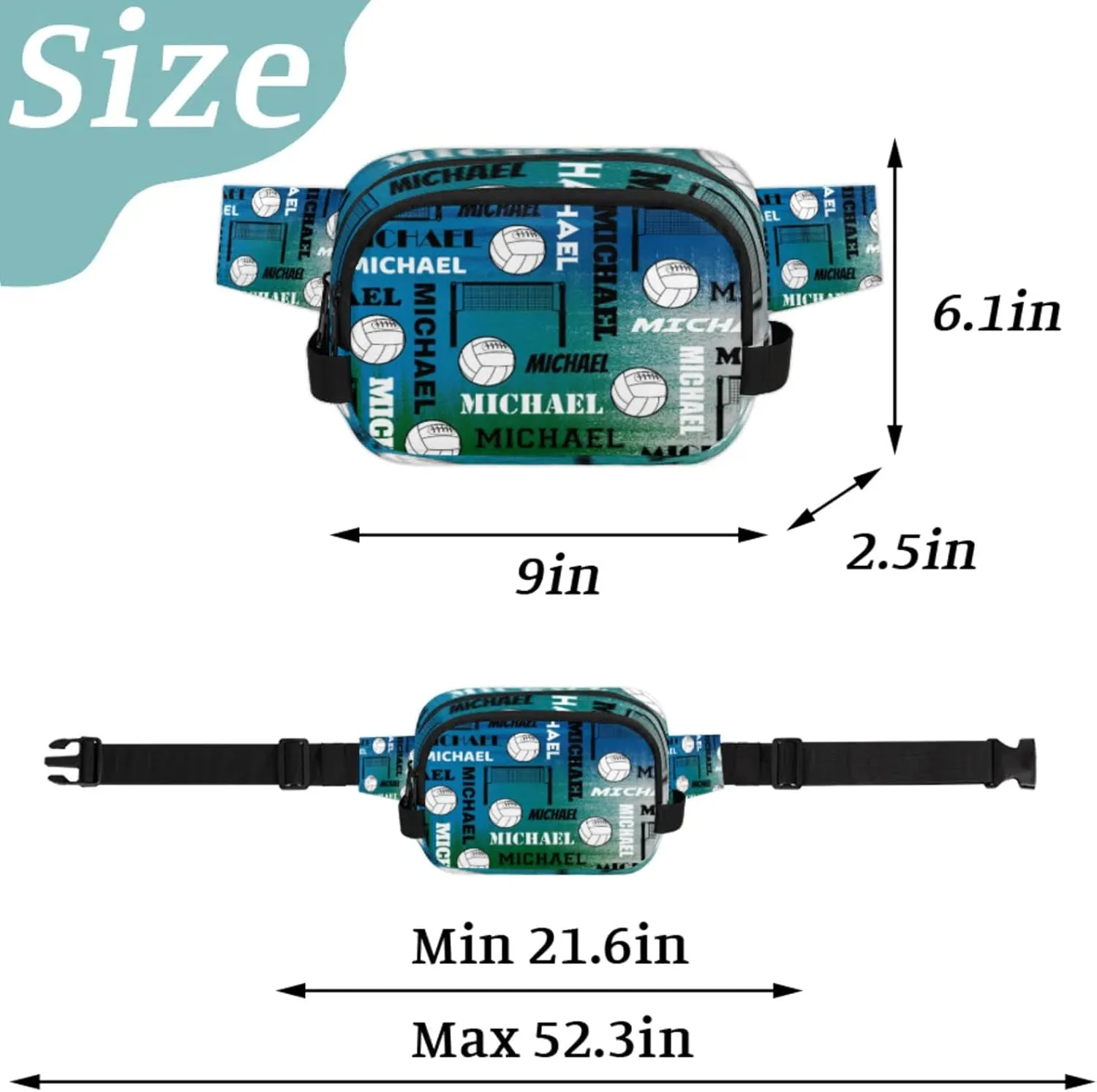 Custom Name Volleyball Waist Packs for Women Men, Personalized Fanny Pack Crossbody Belt Bag with Adjustable Strap for Sports Workout, Blue Green Gray