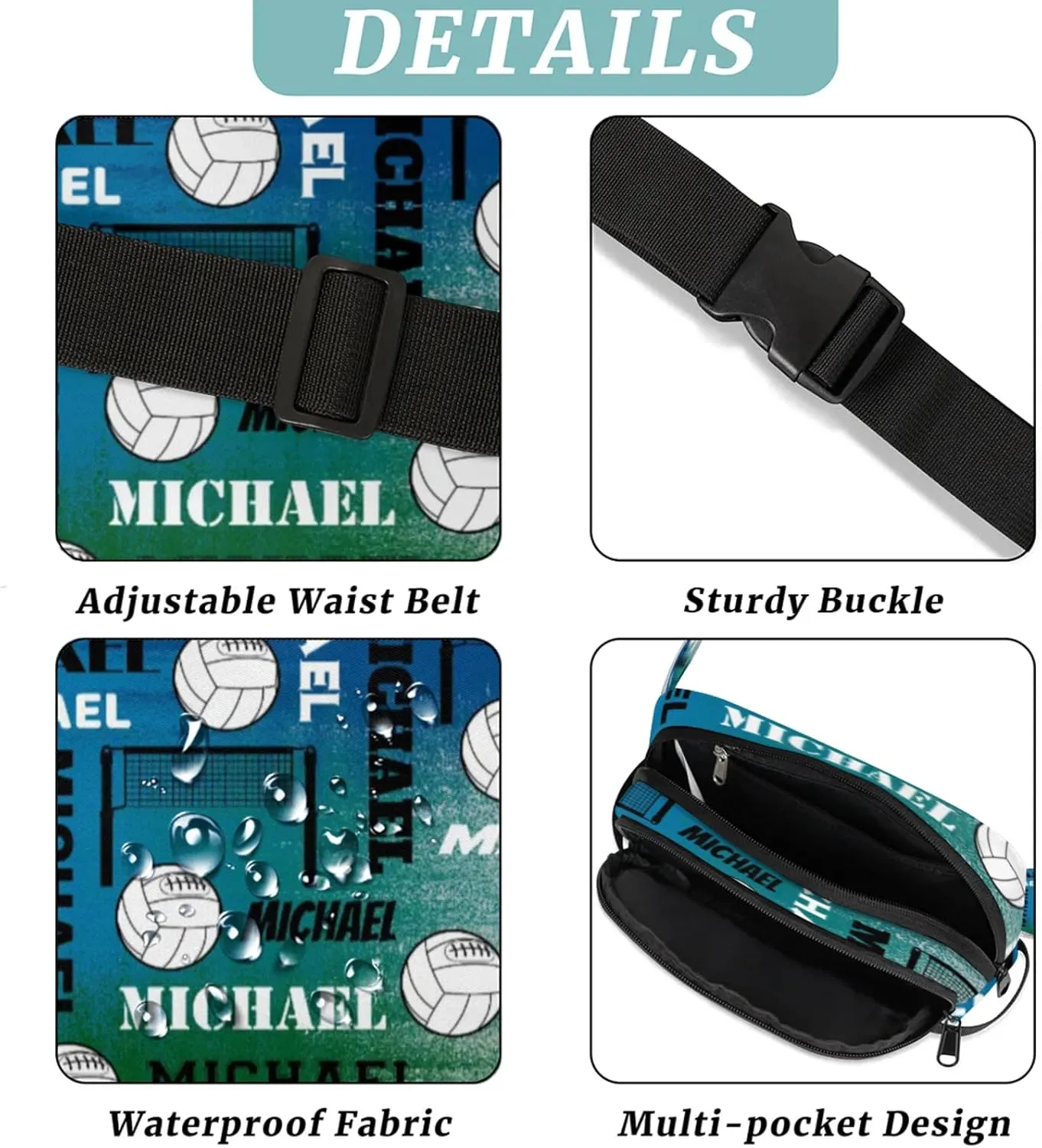 Custom Name Volleyball Waist Packs for Women Men, Personalized Fanny Pack Crossbody Belt Bag with Adjustable Strap for Sports Workout, Blue Green Gray