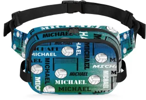 Custom Name Volleyball Waist Packs for Women Men, Personalized Fanny Pack Crossbody Belt Bag with Adjustable Strap for Sports Workout, Blue Green Gray