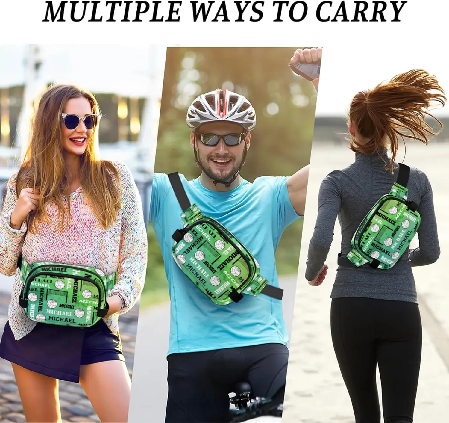 Custom Name Volleyball Waist Packs for Women Men, Personalized Fanny Pack Crossbody Belt Bag with Adjustable Strap for Sports Workout Traveling, Dark Green
