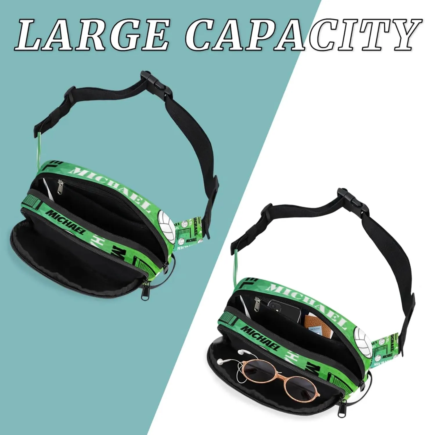 Custom Name Volleyball Waist Packs for Women Men, Personalized Fanny Pack Crossbody Belt Bag with Adjustable Strap for Sports Workout Traveling, Dark Green