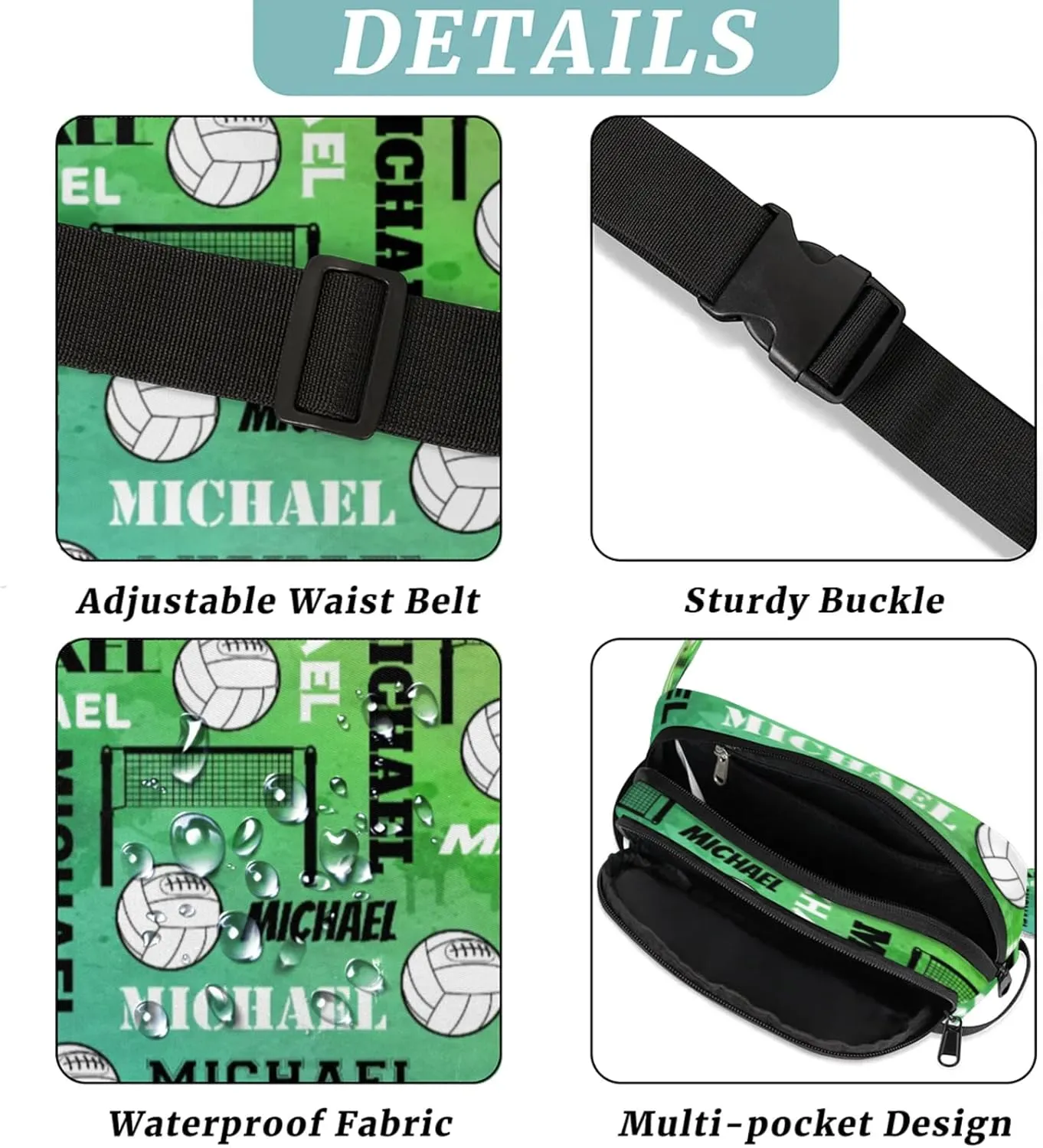 Custom Name Volleyball Waist Packs for Women Men, Personalized Fanny Pack Crossbody Belt Bag with Adjustable Strap for Sports Workout Traveling, Dark Green