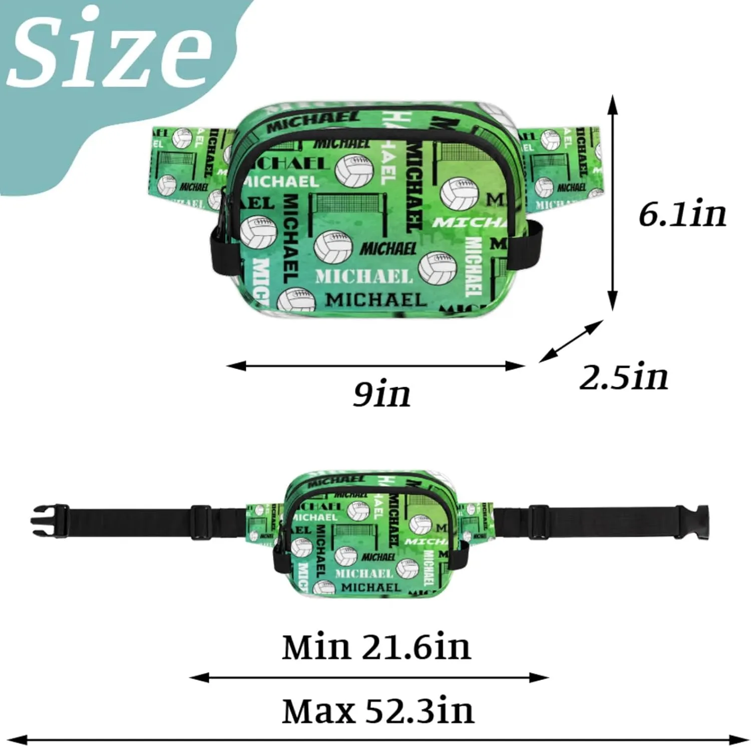 Custom Name Volleyball Waist Packs for Women Men, Personalized Fanny Pack Crossbody Belt Bag with Adjustable Strap for Sports Workout Traveling, Dark Green
