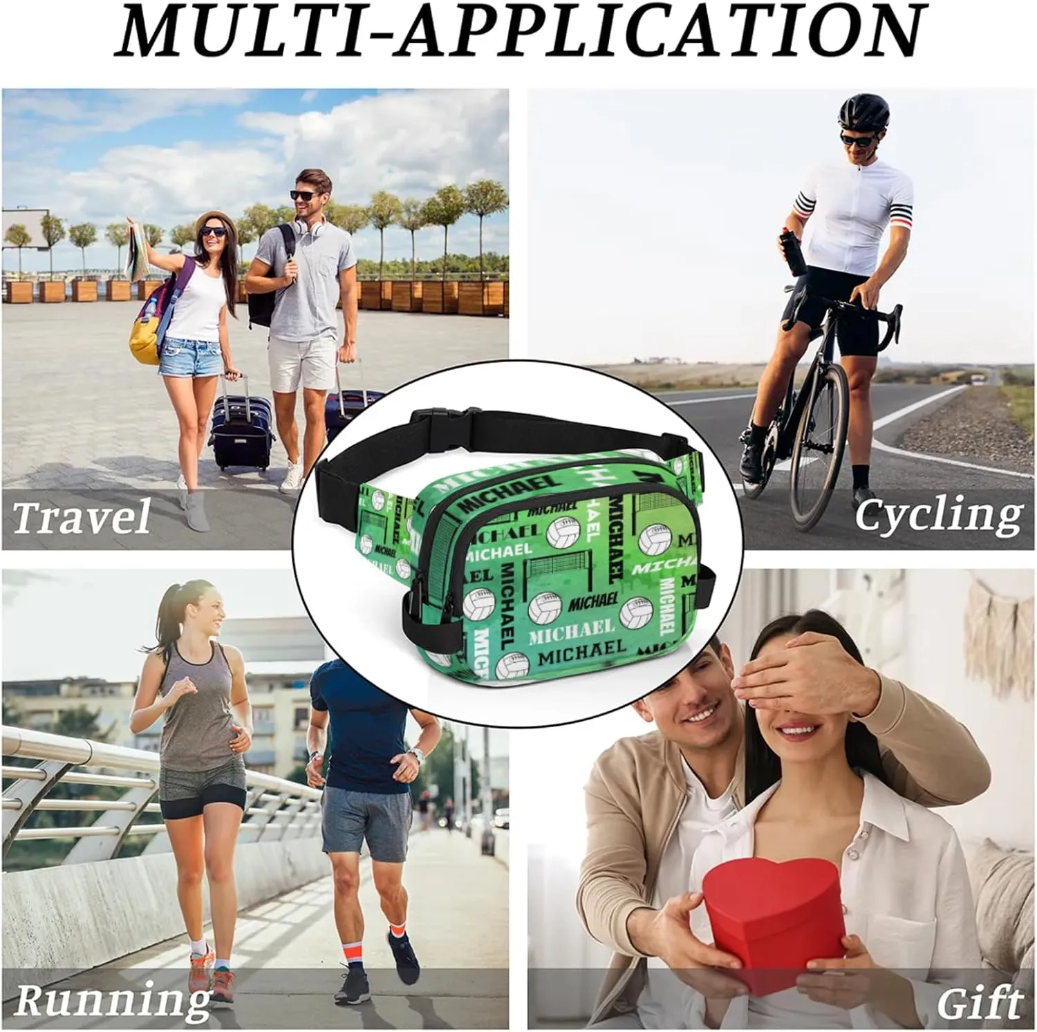 Custom Name Volleyball Waist Packs for Women Men, Personalized Fanny Pack Crossbody Belt Bag with Adjustable Strap for Sports Workout Traveling, Dark Green