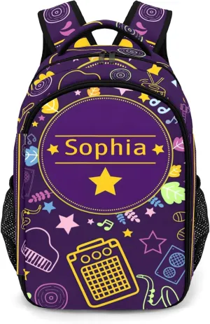 Custom Purple Cartoon Music Backpack Custom Name Large Capacity Shoulder Bags for Sports Party