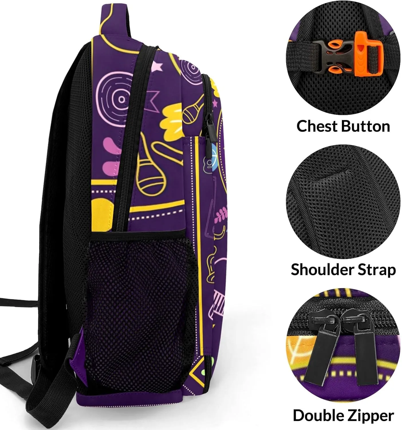 Custom Purple Cartoon Music Backpack Custom Name Large Capacity Shoulder Bags for Sports Party