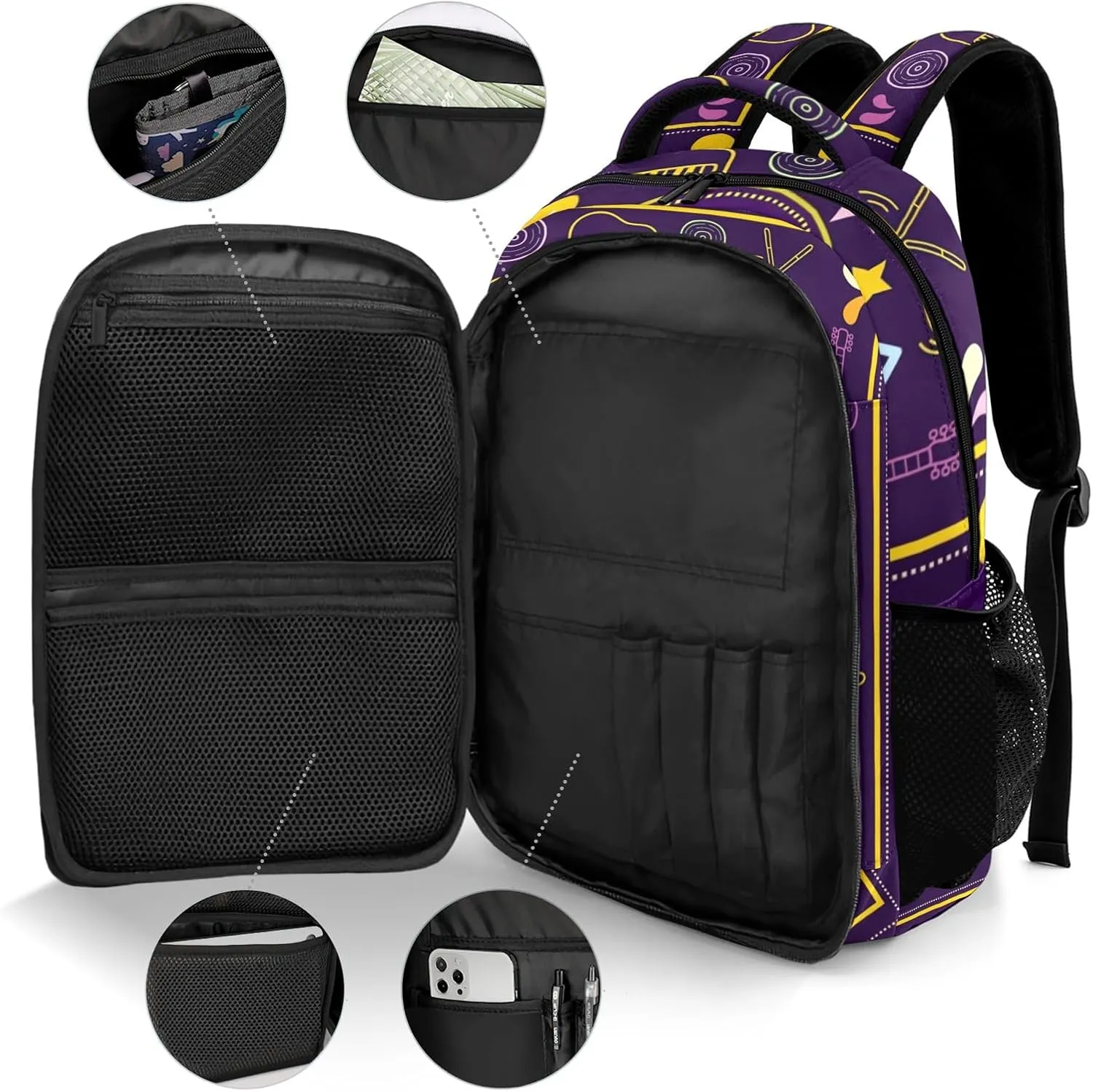 Custom Purple Cartoon Music Backpack Custom Name Large Capacity Shoulder Bags for Sports Party