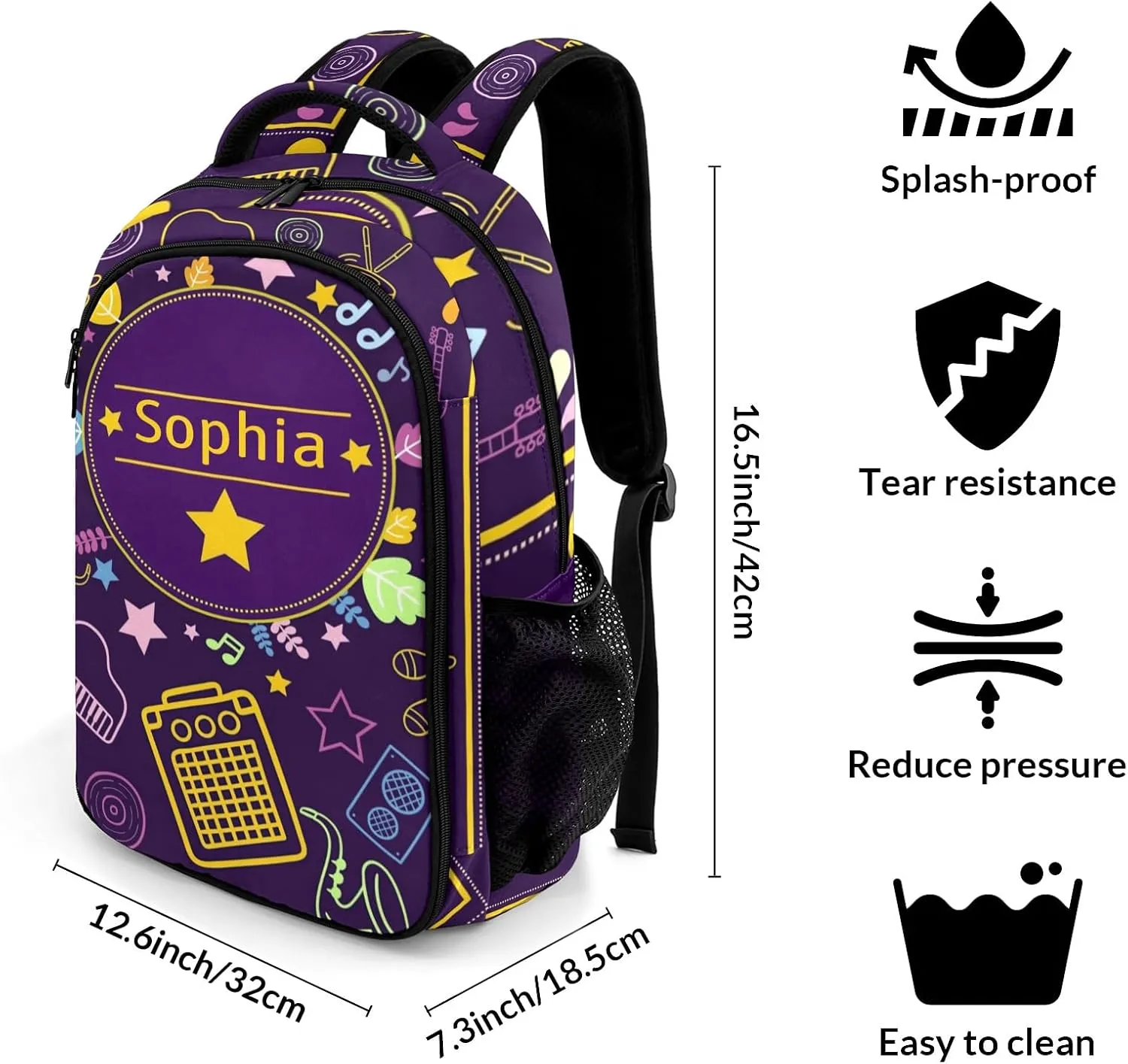 Custom Purple Cartoon Music Backpack Custom Name Large Capacity Shoulder Bags for Sports Party