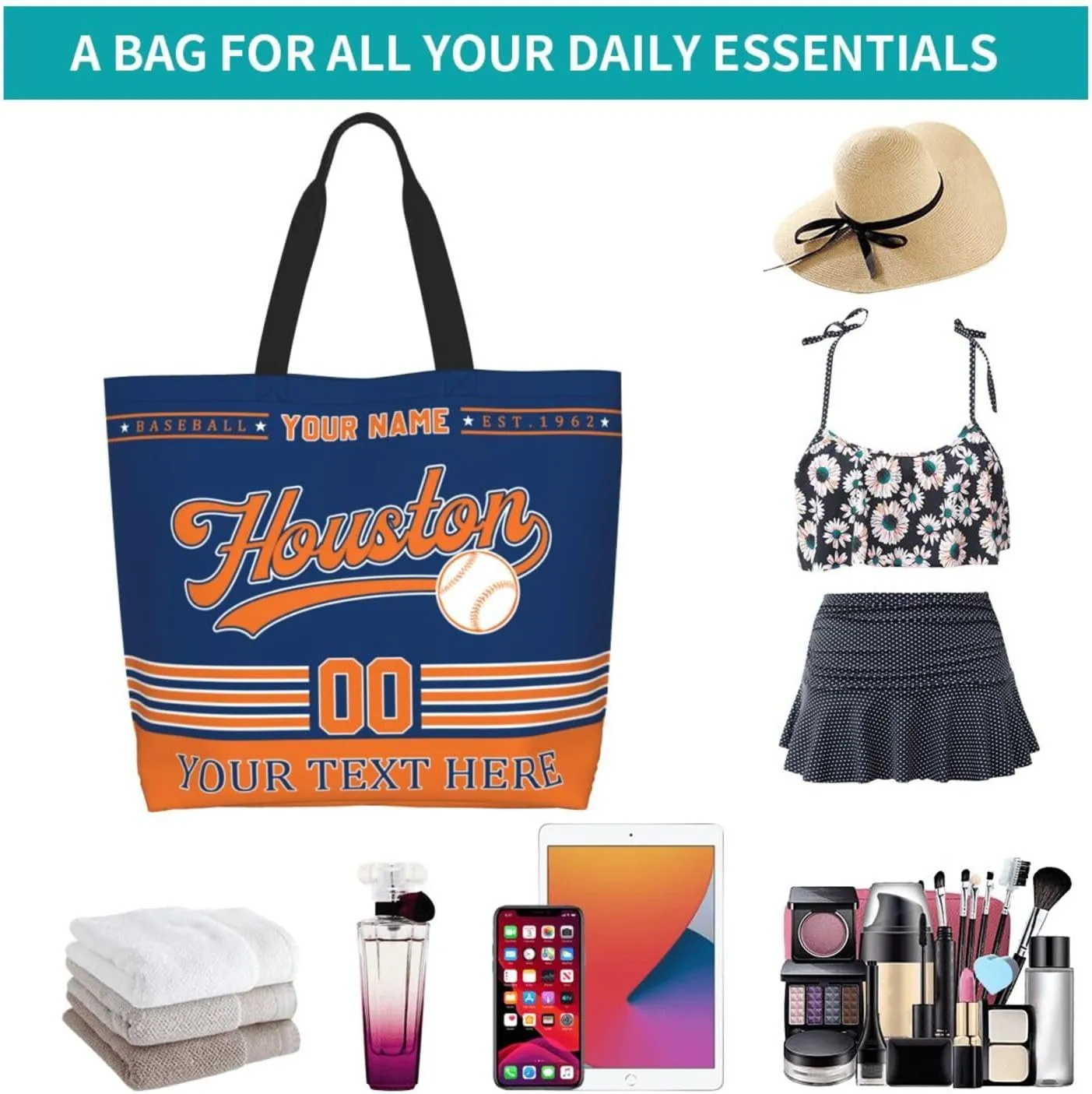 Custom Tote Bags Personalized Custom Baseball Shoulder Bag Shopping Tote Beach Travel Handbag for Women Fans Gift