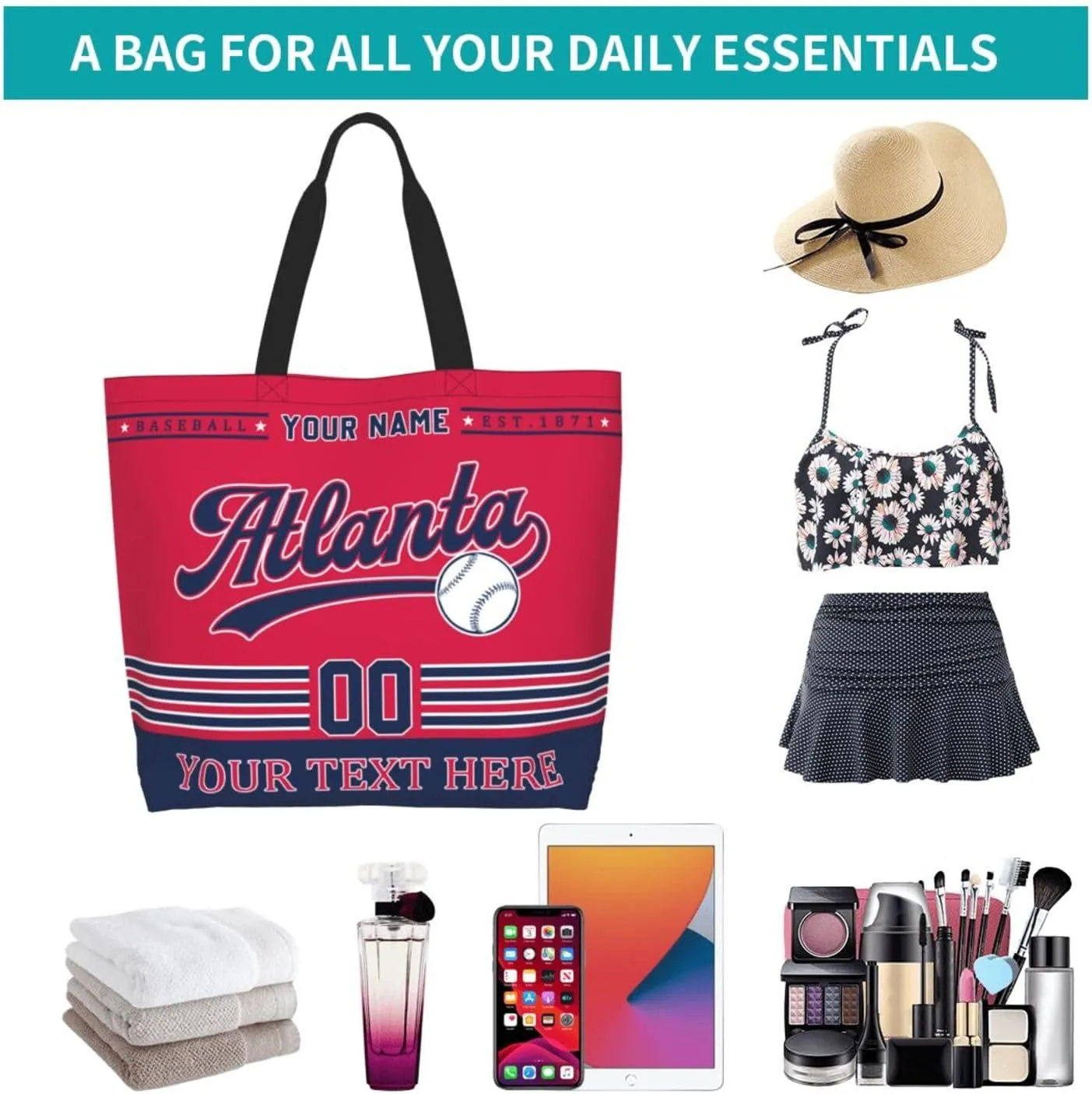 Custom Tote Bags Personalized Custom Baseball Shoulder Bag Shopping Tote Beach Travel Handbag for Women Fans Gift