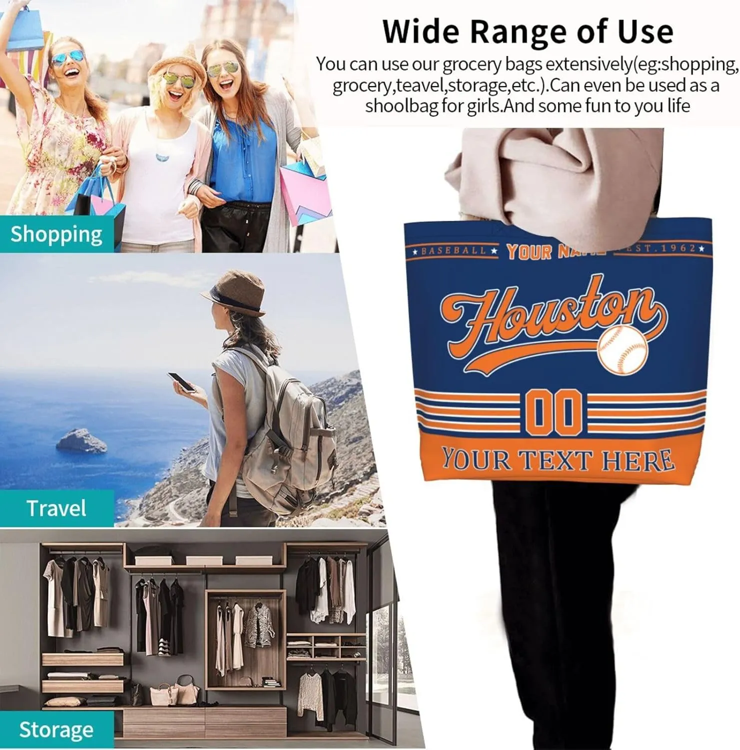 Custom Tote Bags Personalized Custom Baseball Shoulder Bag Shopping Tote Beach Travel Handbag for Women Fans Gift