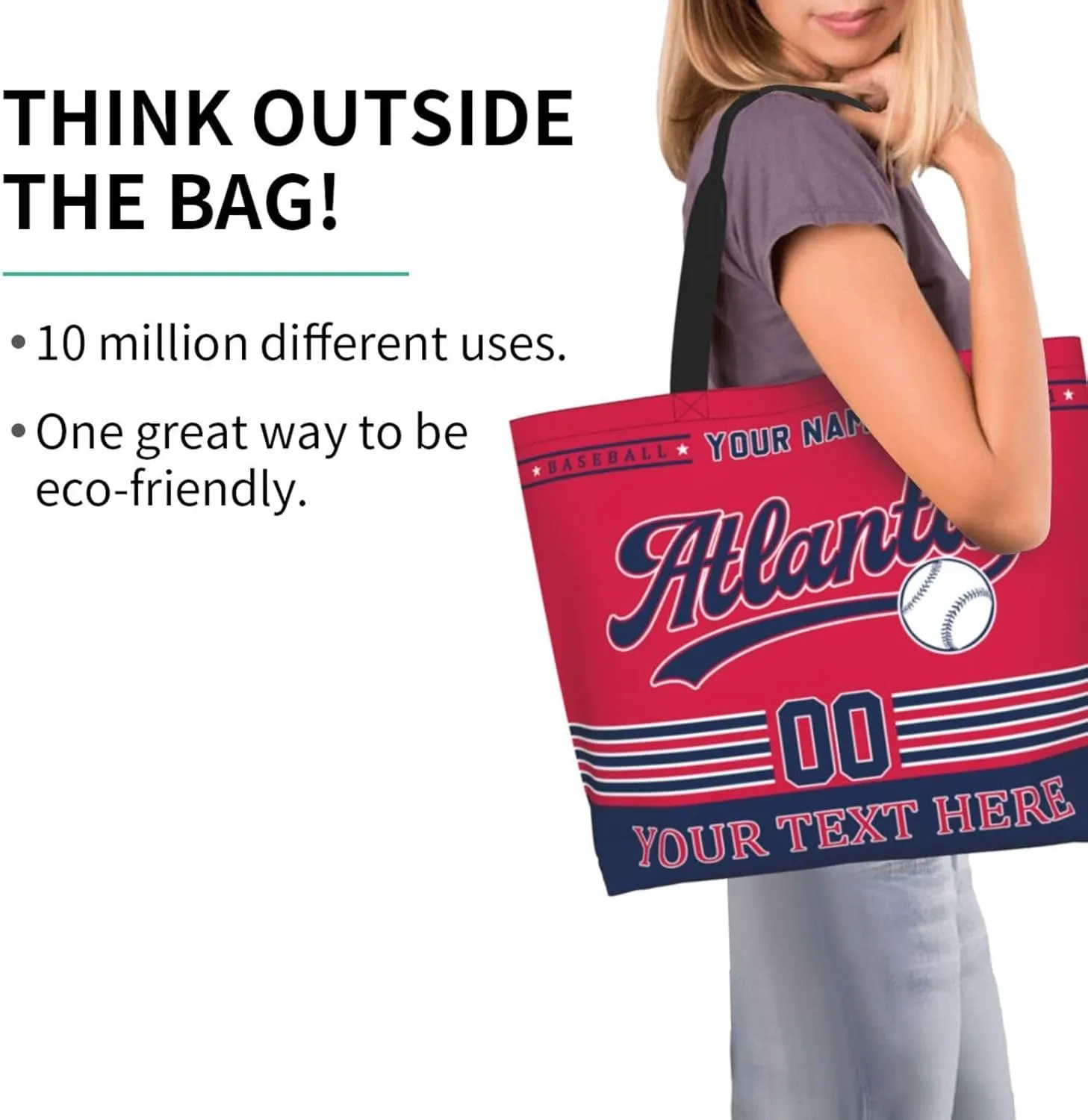 Custom Tote Bags Personalized Custom Baseball Shoulder Bag Shopping Tote Beach Travel Handbag for Women Fans Gift