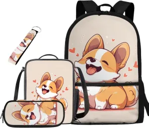 Cute Corgi Bookbags for 5Th Grade Girls Backpack and Lunch Bag Set for Girls with Pencil Case Keychain 4Pcs Set Bookbag for Students Going To School