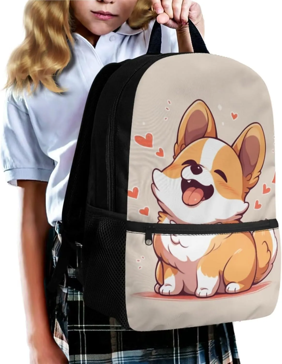 Cute Corgi Bookbags for 5Th Grade Girls Backpack and Lunch Bag Set for Girls with Pencil Case Keychain 4Pcs Set Bookbag for Students Going To School