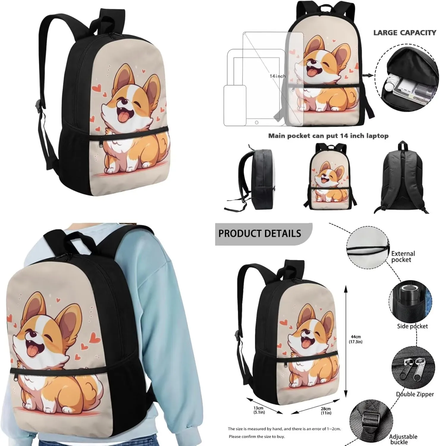 Cute Corgi Bookbags for 5Th Grade Girls Backpack and Lunch Bag Set for Girls with Pencil Case Keychain 4Pcs Set Bookbag for Students Going To School