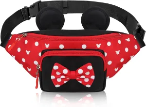 Cute Fanny Pack for Girls Kids Travel Waist Pack Bowknot Polka Dot Mini Mouse Fanny Packs Teen Girls Cartoon Belt Bag Hiking Bum Bags Outdoor Waist Bag with Mouse Ears