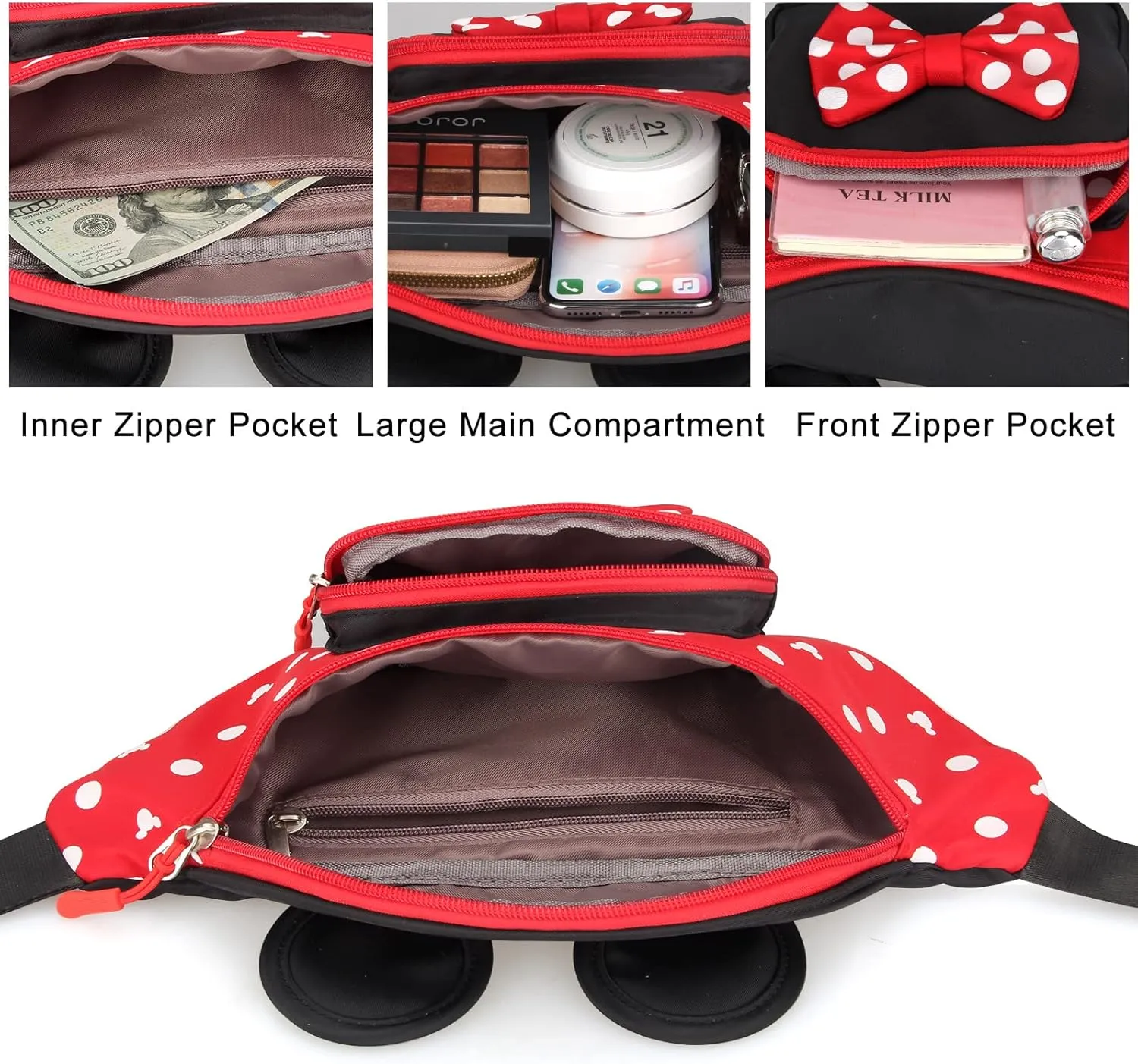 Cute Fanny Pack for Girls Kids Travel Waist Pack Bowknot Polka Dot Mini Mouse Fanny Packs Teen Girls Cartoon Belt Bag Hiking Bum Bags Outdoor Waist Bag with Mouse Ears