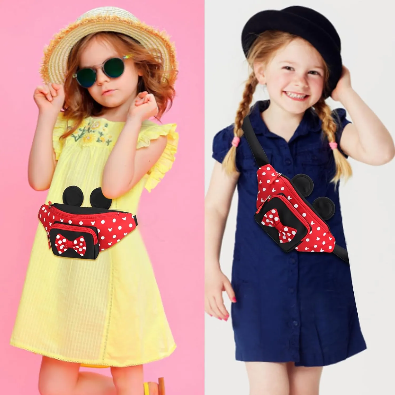 Cute Fanny Pack for Girls Kids Travel Waist Pack Bowknot Polka Dot Mini Mouse Fanny Packs Teen Girls Cartoon Belt Bag Hiking Bum Bags Outdoor Waist Bag with Mouse Ears