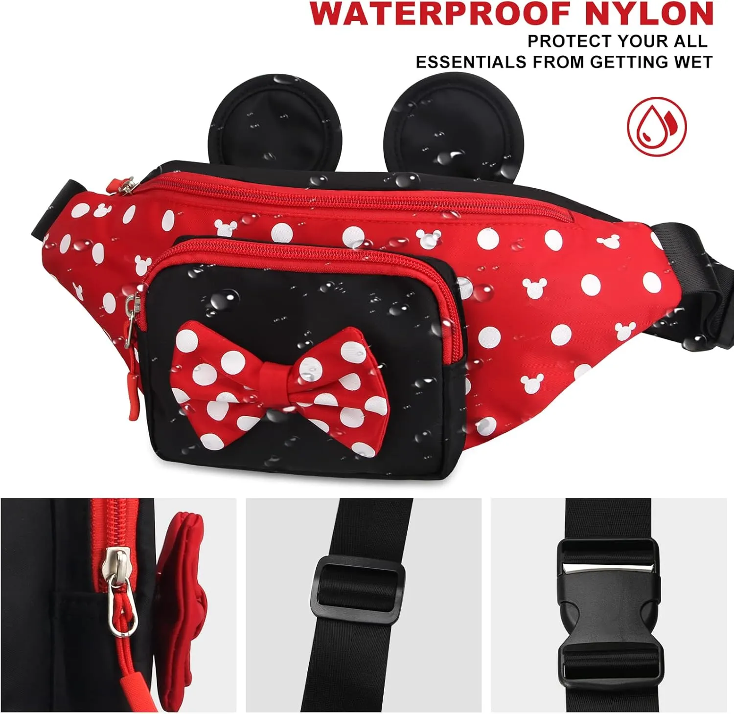 Cute Fanny Pack for Girls Kids Travel Waist Pack Bowknot Polka Dot Mini Mouse Fanny Packs Teen Girls Cartoon Belt Bag Hiking Bum Bags Outdoor Waist Bag with Mouse Ears
