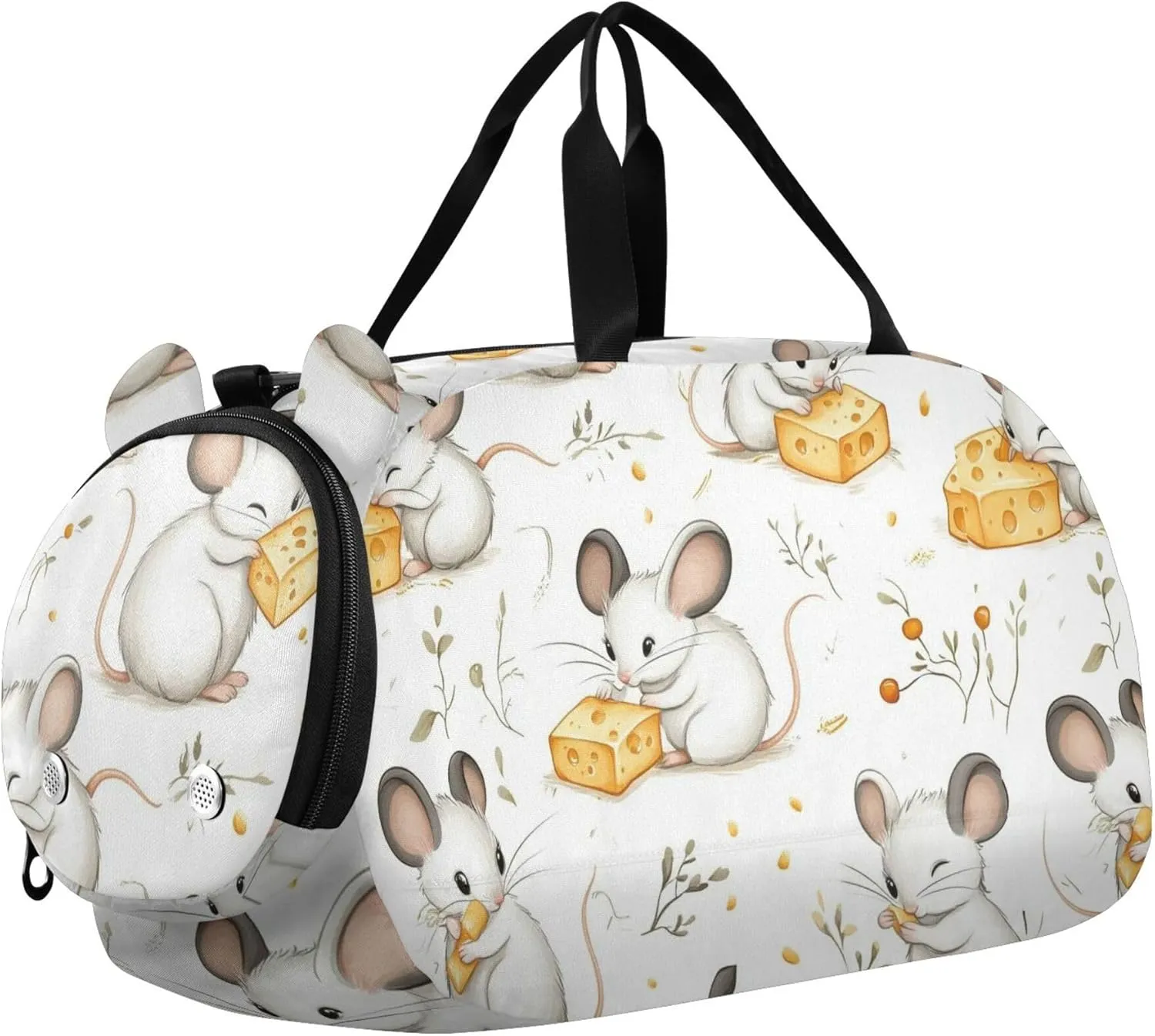 Cute Funny Mouse and Cheese Sports Duffle Bag for Teens Girls Boys, Gym Bag with Shoe Compartment, Kids Travel Overnight Weekender Shoulder Bag