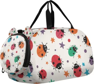 Cute Ladybug Stars Sports Duffle Bag for Kids Girls Boys, Gym Bag with Shoe Compartments, Kids Travel Overnight Weekender Shoulder Bag