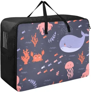 Cute Sea Animals Storage Bag Moving Boxes with Tag Pockets, Zippers and Carrying Handles, Zippered Storage Bag for Closet Comforter, Pillow, Quilt