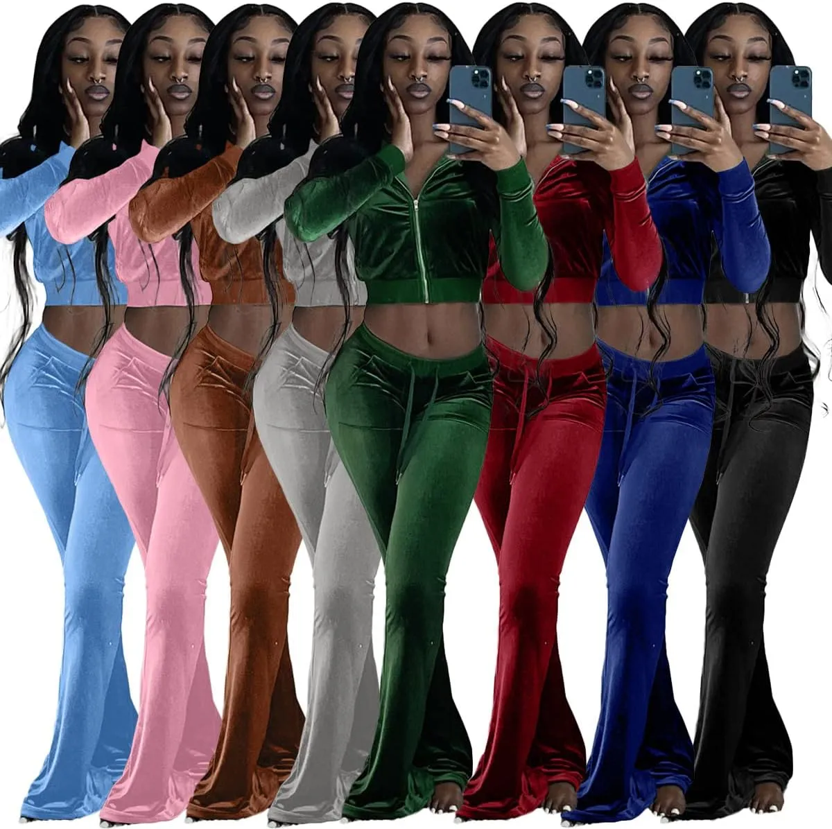 Cute Velour Tracksuit Women 2 Piece Outfits Sets Sexy Cropped Zip Up Hoodie Crop Tops Jackets Flared Pant with Pocket