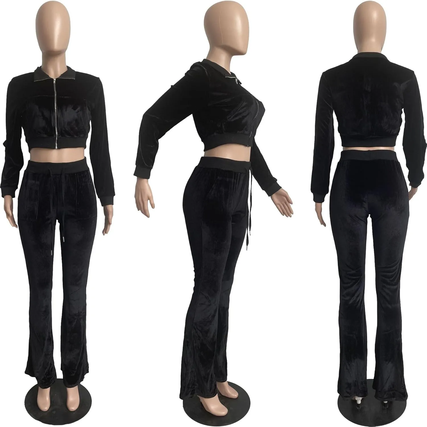 Cute Velour Tracksuit Women 2 Piece Outfits Sets Sexy Cropped Zip Up Hoodie Crop Tops Jackets Flared Pant with Pocket