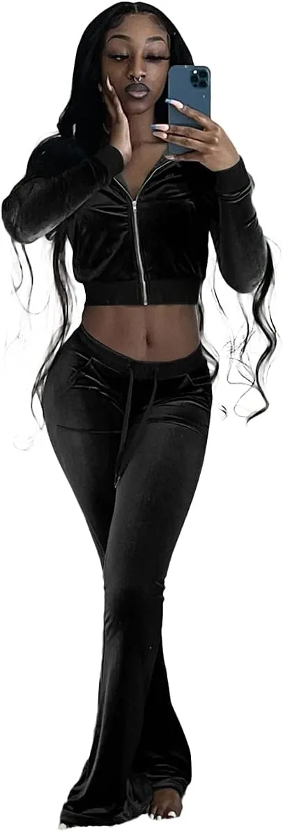 Cute Velour Tracksuit Women 2 Piece Outfits Sets Sexy Cropped Zip Up Hoodie Crop Tops Jackets Flared Pant with Pocket