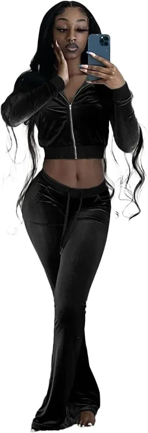 Cute Velour Tracksuit Women 2 Piece Outfits Sets Sexy Cropped Zip Up Hoodie Crop Tops Jackets Flared Pant with Pocket