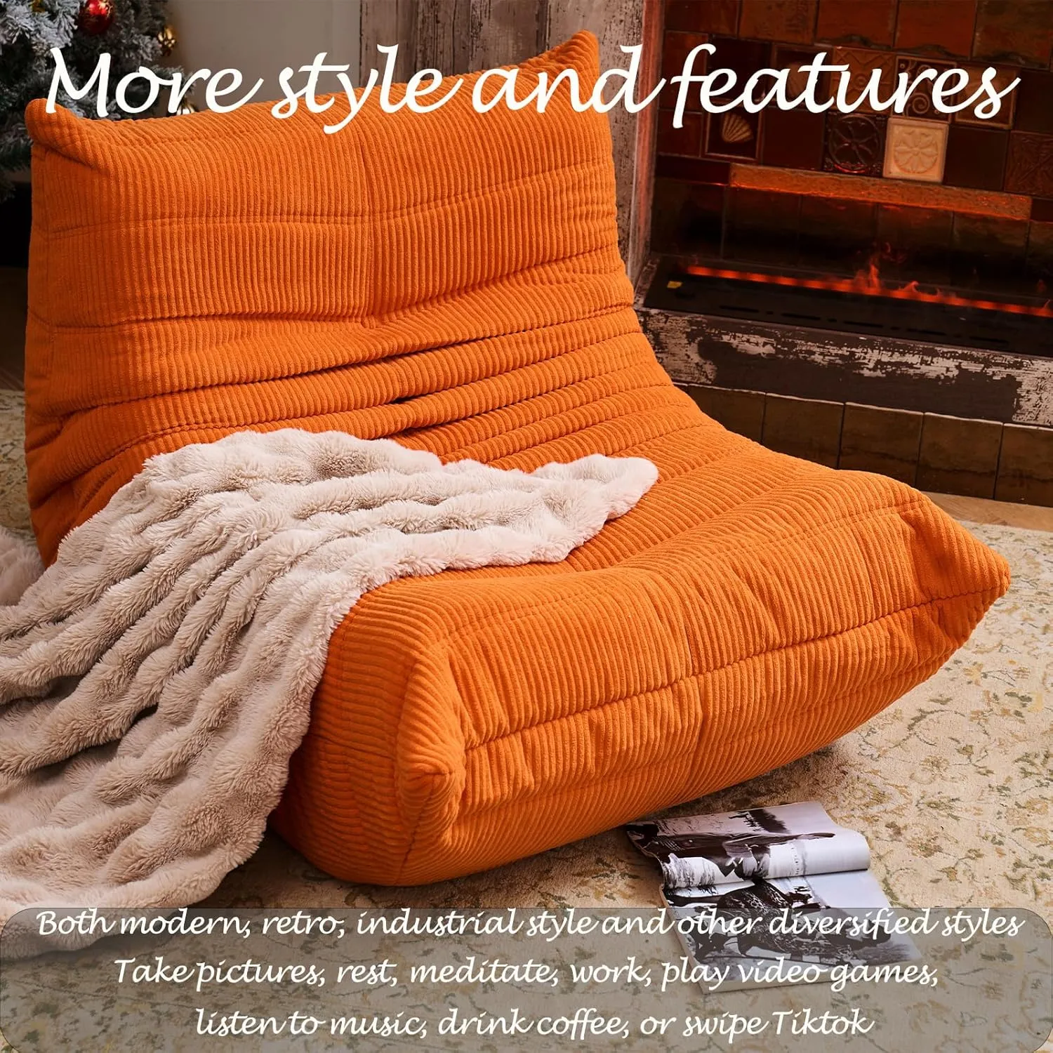 CXC Fireside Chair, Gaming Chair Floor, Large Bean Bag Chairs for Adults, Memory Sponge Lazy Sofa, Ergonomic Design Comfy Couch for Living Room丨 Bedroom丨 Home Office丨(Sunset Orange-Velvet)