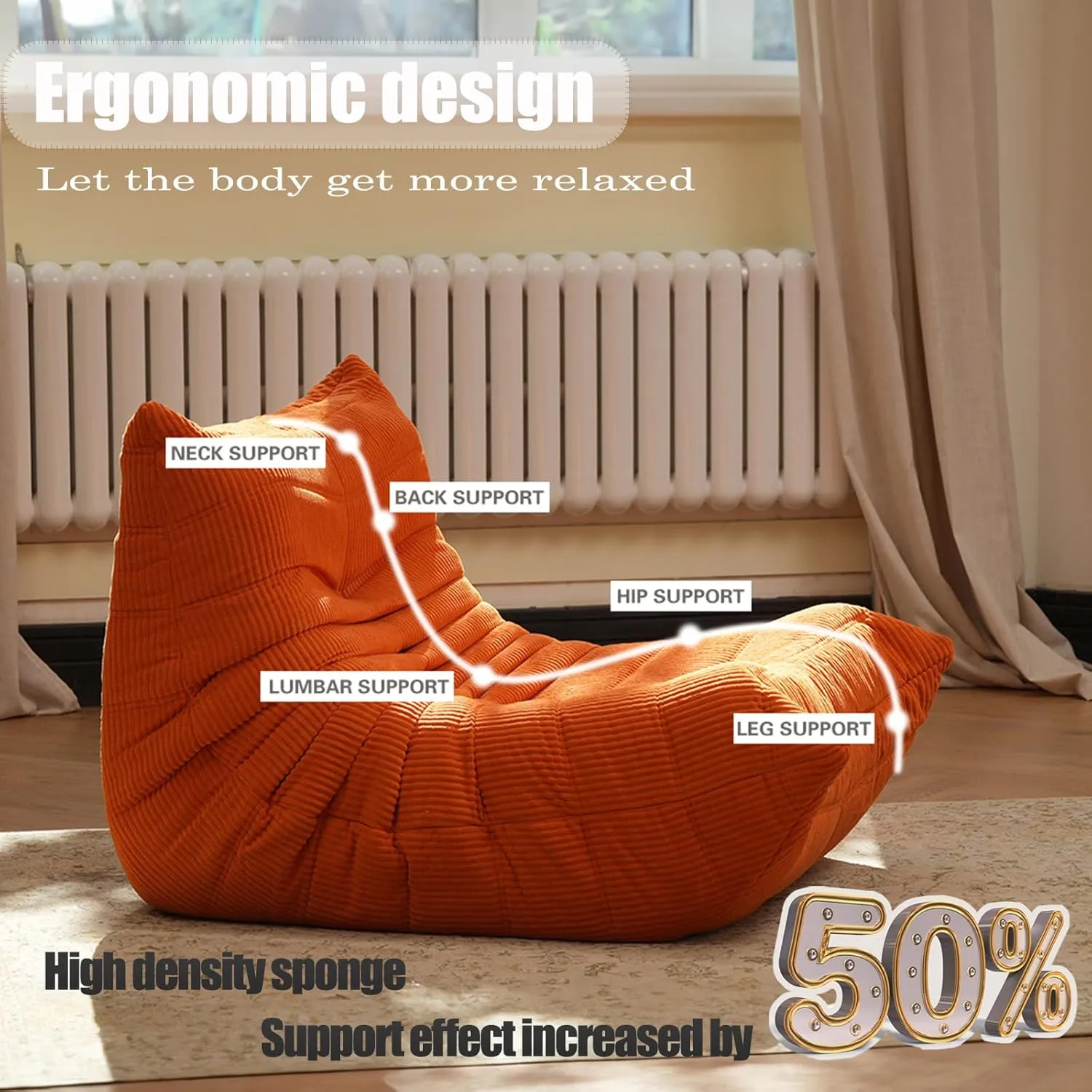 CXC Fireside Chair, Gaming Chair Floor, Large Bean Bag Chairs for Adults, Memory Sponge Lazy Sofa, Ergonomic Design Comfy Couch for Living Room丨 Bedroom丨 Home Office丨(Sunset Orange-Velvet)