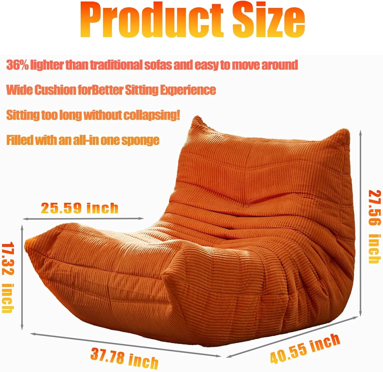 CXC Fireside Chair, Gaming Chair Floor, Large Bean Bag Chairs for Adults, Memory Sponge Lazy Sofa, Ergonomic Design Comfy Couch for Living Room丨 Bedroom丨 Home Office丨(Sunset Orange-Velvet)