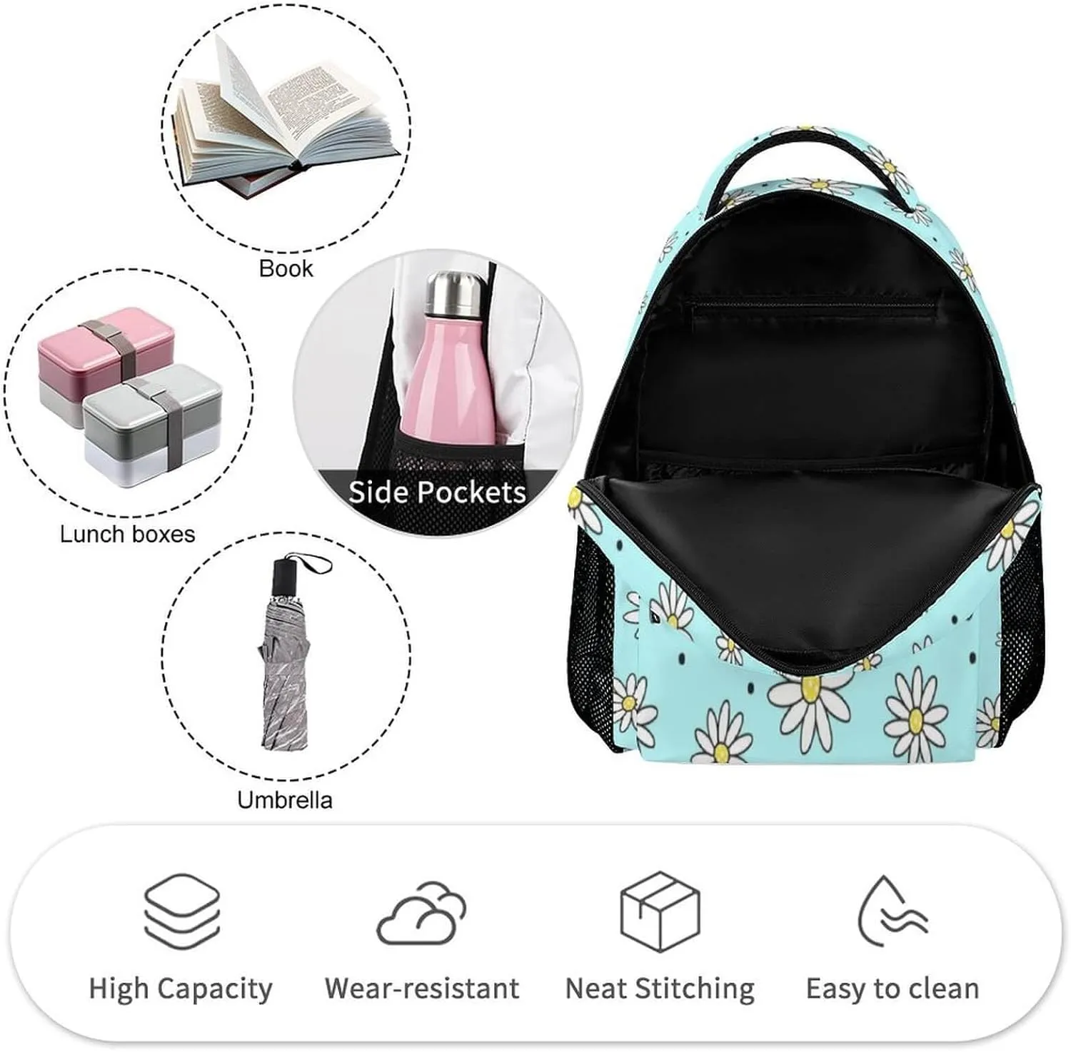 Daisy School Backpack for Kids Girls Boys, 16 Inch Cute daisies Themed Bookbag, Personalized School Backpack for Students Children, Lightweight, Large Capacity