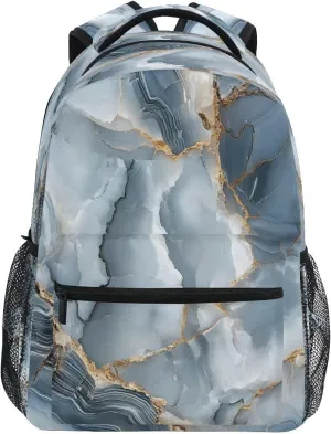 Dark Blue White Marble with Hints Of Gold Pattern Backpack for Girls School Bags Bookbags for Teen Kids Travel Bag