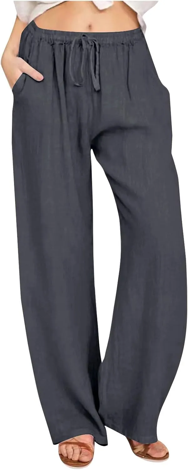 DASAYO Womens Linen Palazzo Pants Summer Casual Boho Wide Leg Drawstring High Waist Loose Fit Beach Trousers with Pockets