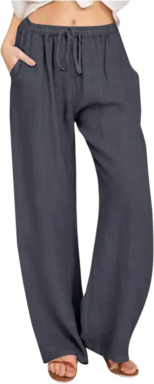 DASAYO Womens Linen Palazzo Pants Summer Casual Boho Wide Leg Drawstring High Waist Loose Fit Beach Trousers with Pockets