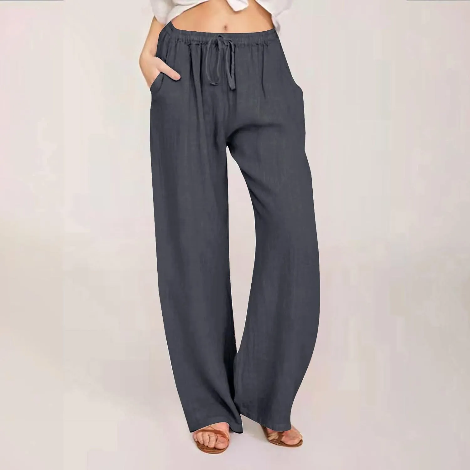 DASAYO Womens Linen Palazzo Pants Summer Casual Boho Wide Leg Drawstring High Waist Loose Fit Beach Trousers with Pockets