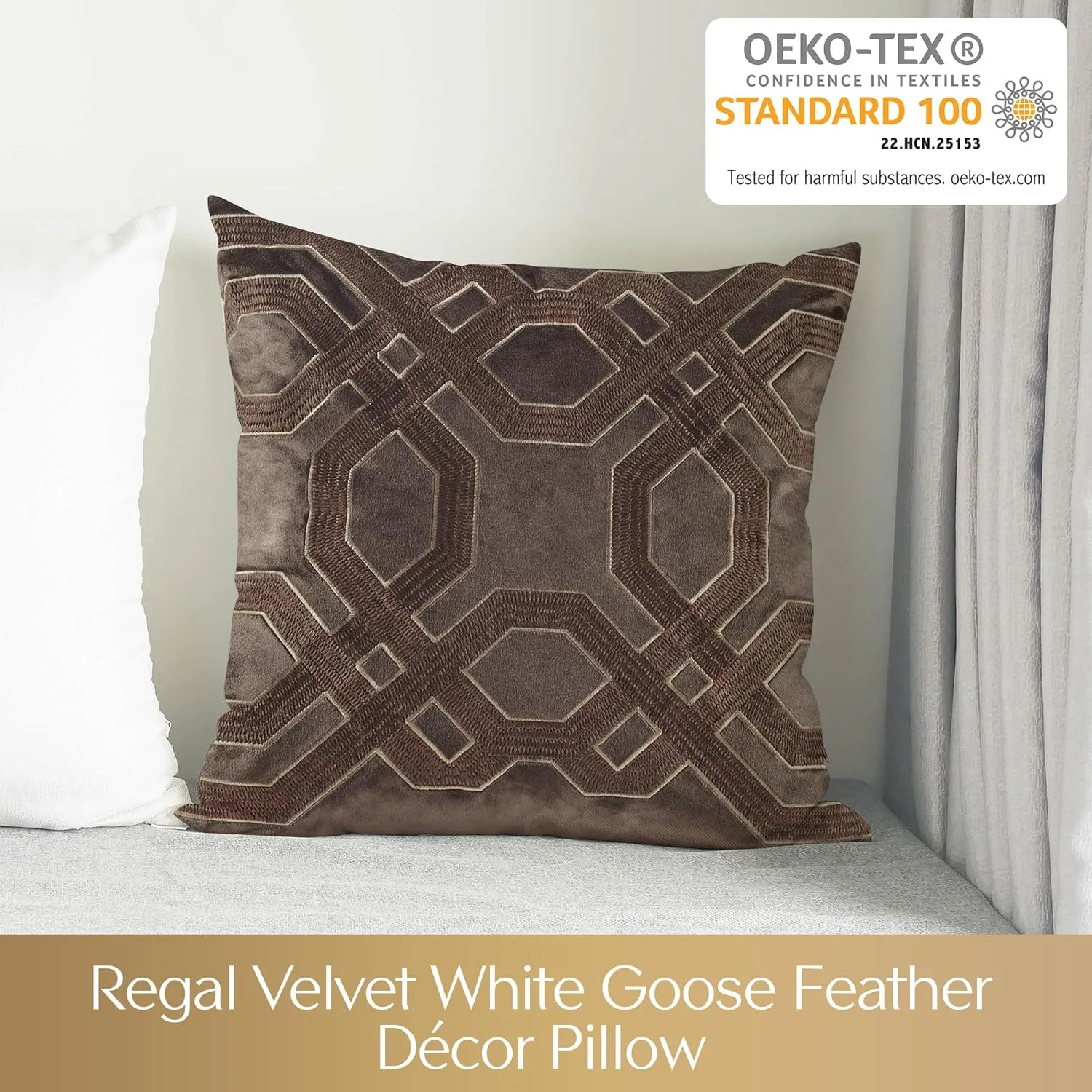 Décor Pillow, Luxurious Japanese Braiding Velvet Embroidery, Removable Cover, 100% White Goose Feather Décor Pillow, 233TC 100% Cotton Down Proof Cover, Biron, 18x18, Brown