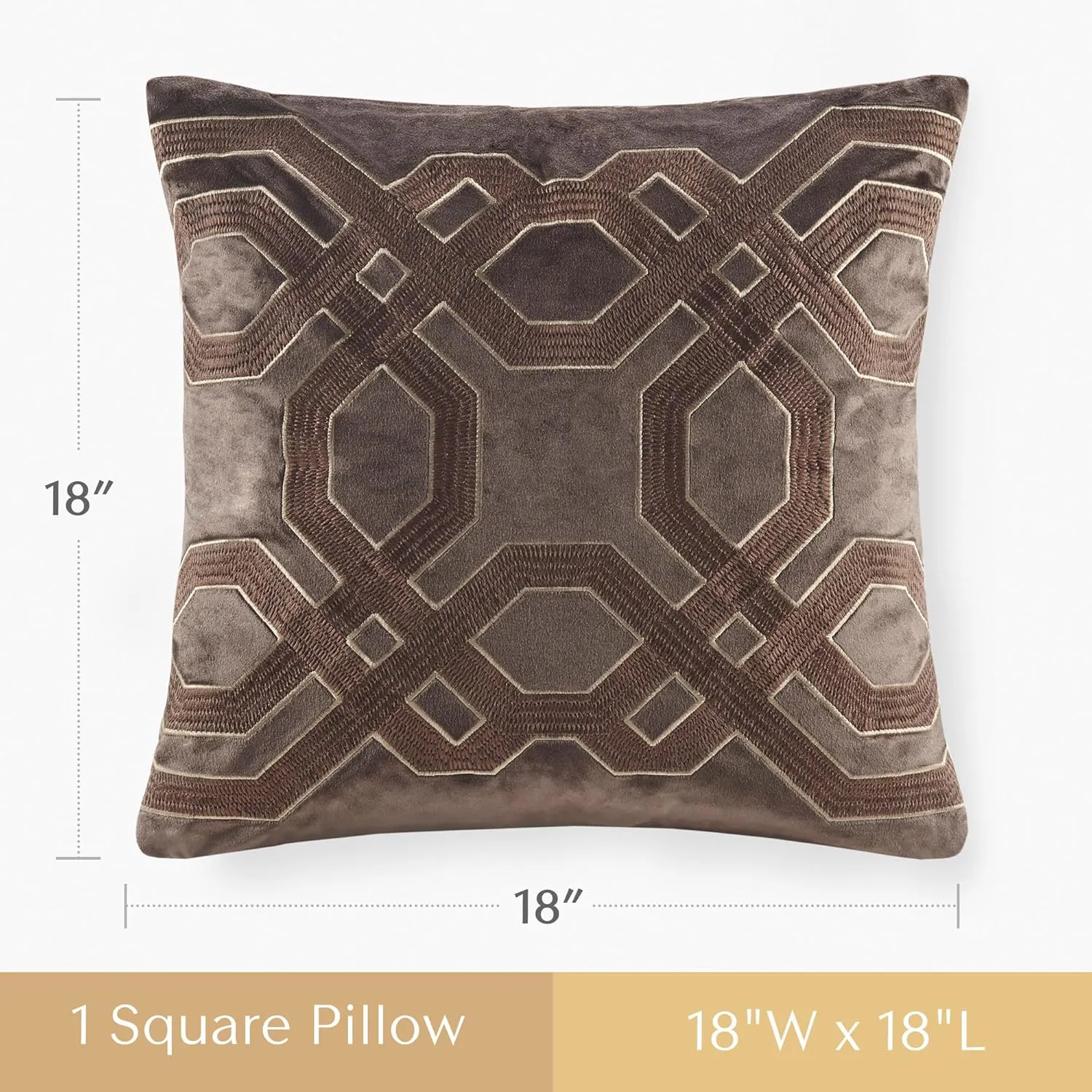 Décor Pillow, Luxurious Japanese Braiding Velvet Embroidery, Removable Cover, 100% White Goose Feather Décor Pillow, 233TC 100% Cotton Down Proof Cover, Biron, 18x18, Brown